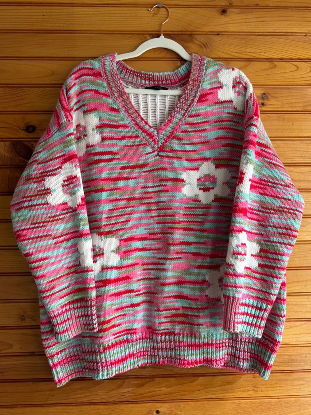 Suzanne Betro Floral Chunky Knit Sweater 1X/2X Oversized Cottagecore V Neck